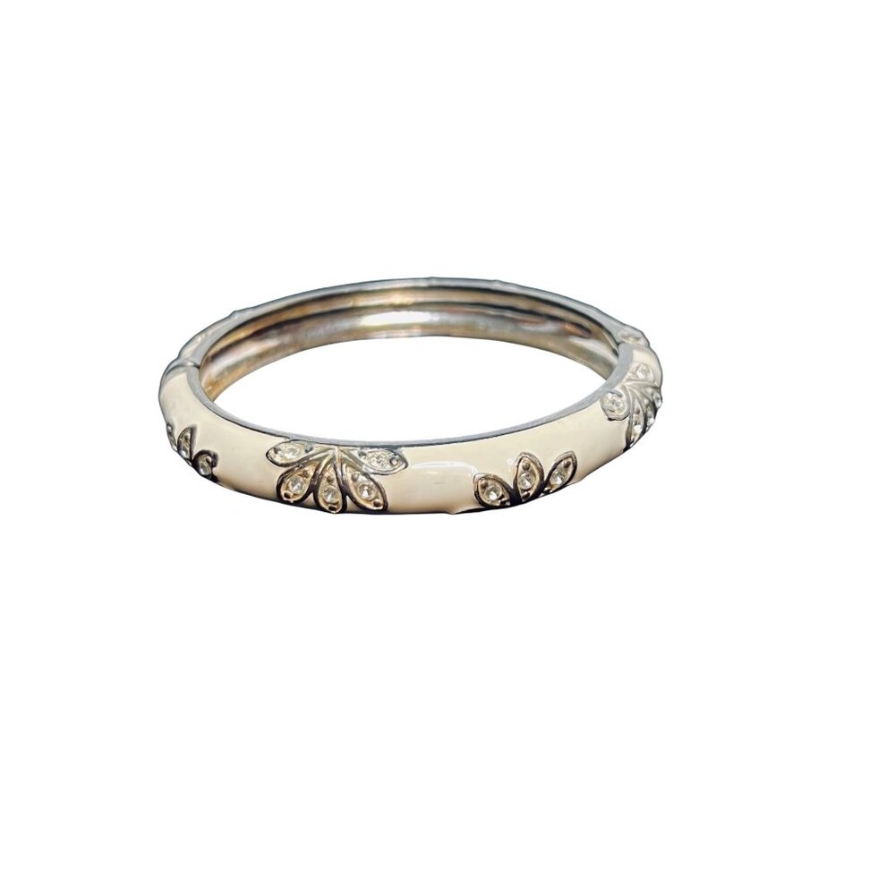 Gold Tone Cream Enamel And Rhinestone Hinged Bangle Bracelet (6149) - Picture 4 of 5